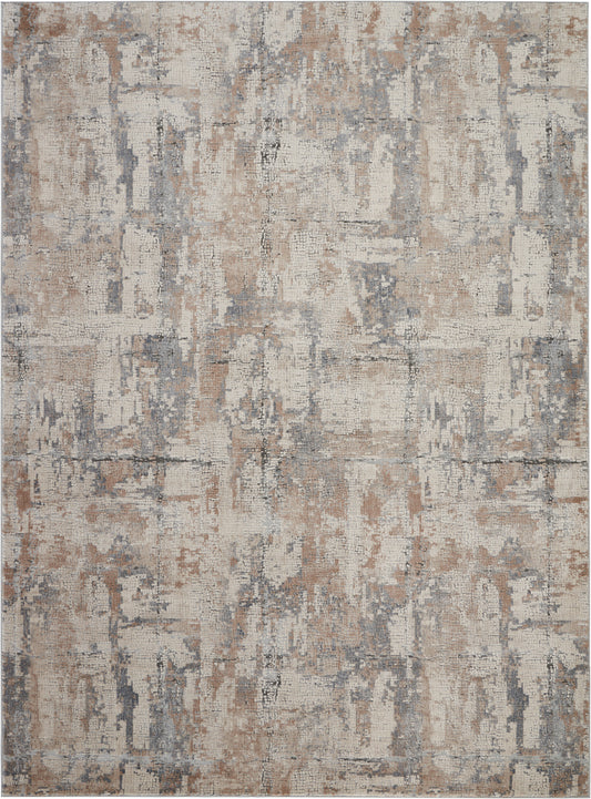 Abstract distressed area rug in beige, gray, and rust tones; rectangular, plush pile, modern vintage style.