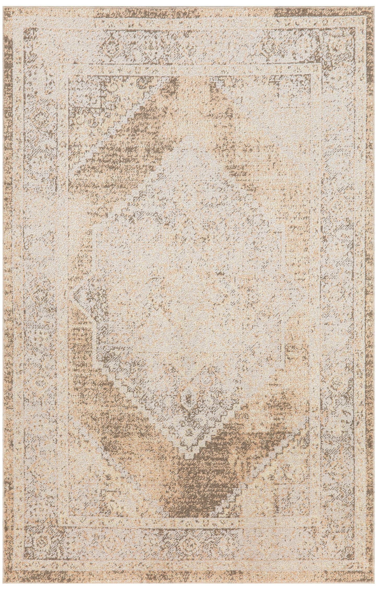 Neutral beige distressed oriental rug with faded diamond medallion and ornate border for a vintage living room look.