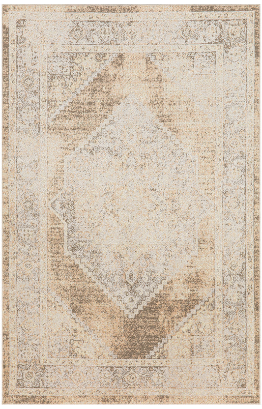 Neutral beige distressed oriental rug with faded diamond medallion and ornate border for a vintage living room look.