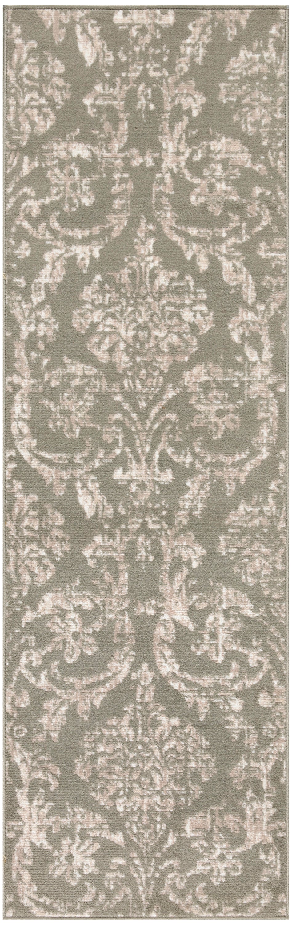 Taupe rectangular runner rug with ivory damask pattern; traditional hallway decor.