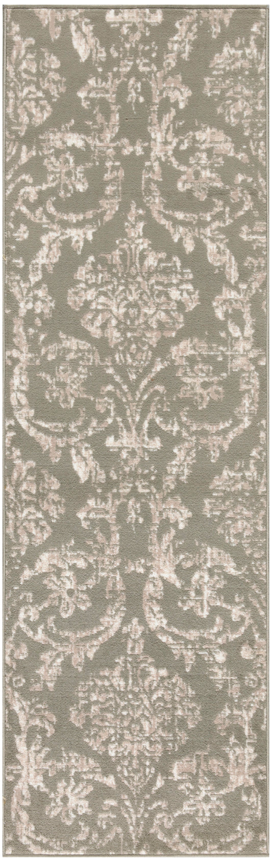 Taupe rectangular runner rug with ivory damask pattern; traditional hallway decor.