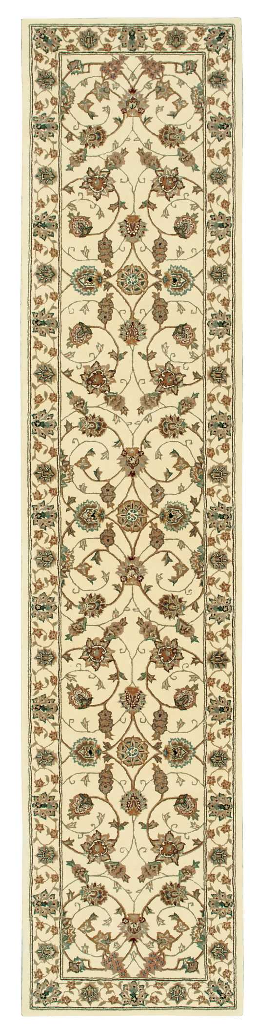 Persian-style runner rug with cream field, scrolling brown vines, burgundy/teal blossoms, bordered in sage green.