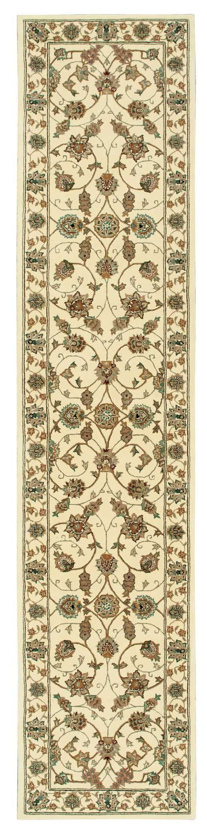 Persian-style runner rug with cream field, scrolling brown vines, burgundy/teal blossoms, bordered in sage green.