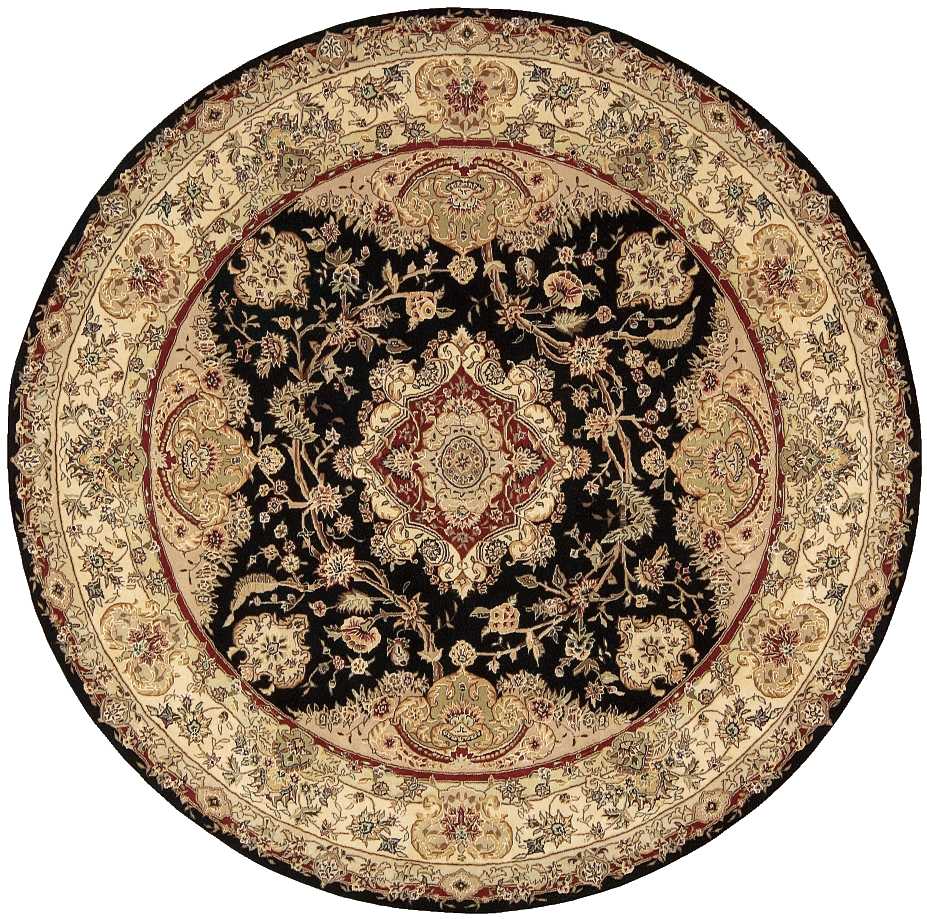 Round Persian-style rug with black central field, gold-beige floral medallions and a wide beige border.
