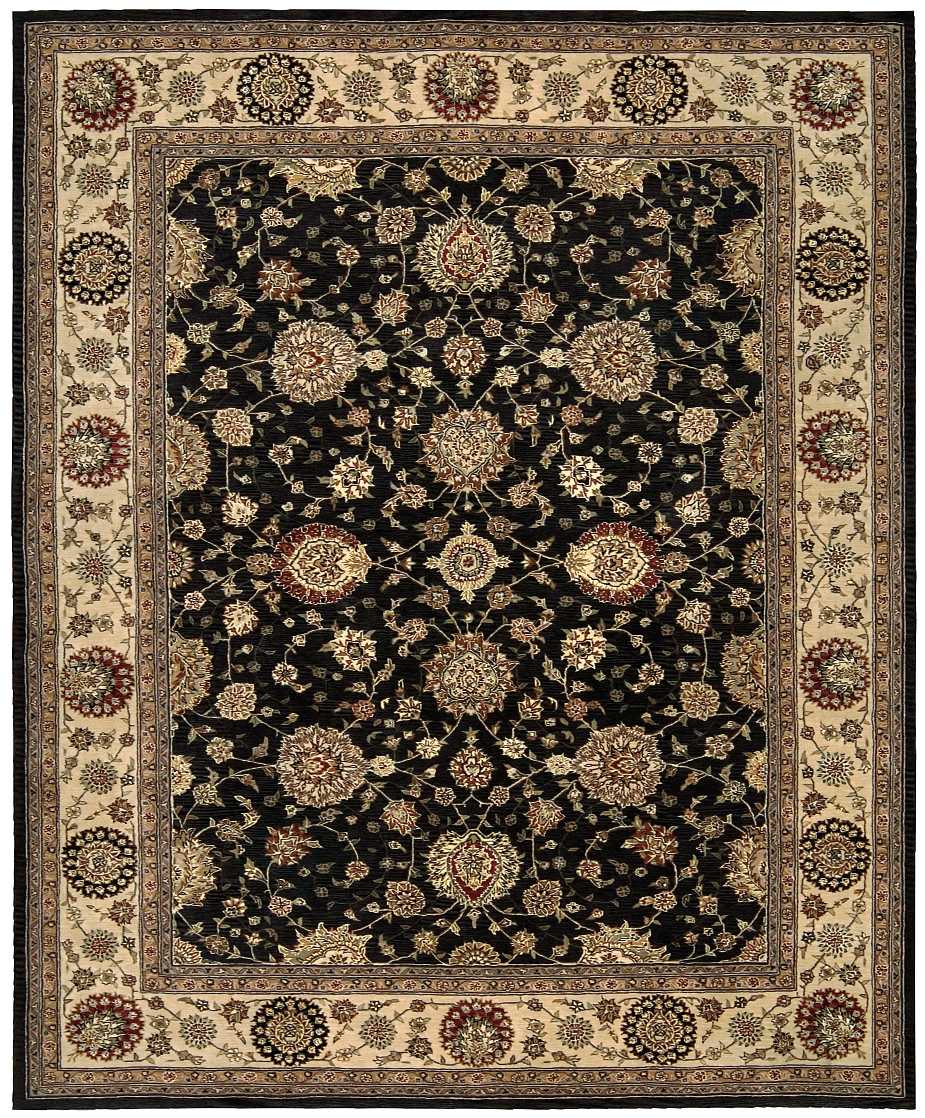 9' X 12' black oriental rug with gold floral medallions & beige border; traditional Persian-style area rug.