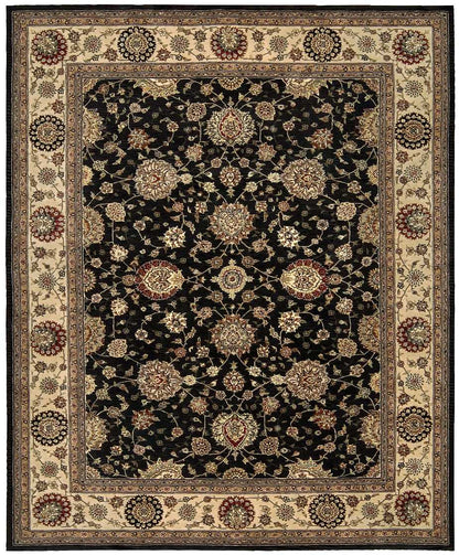 9' X 12' black oriental rug with gold floral medallions & beige border; traditional Persian-style area rug.