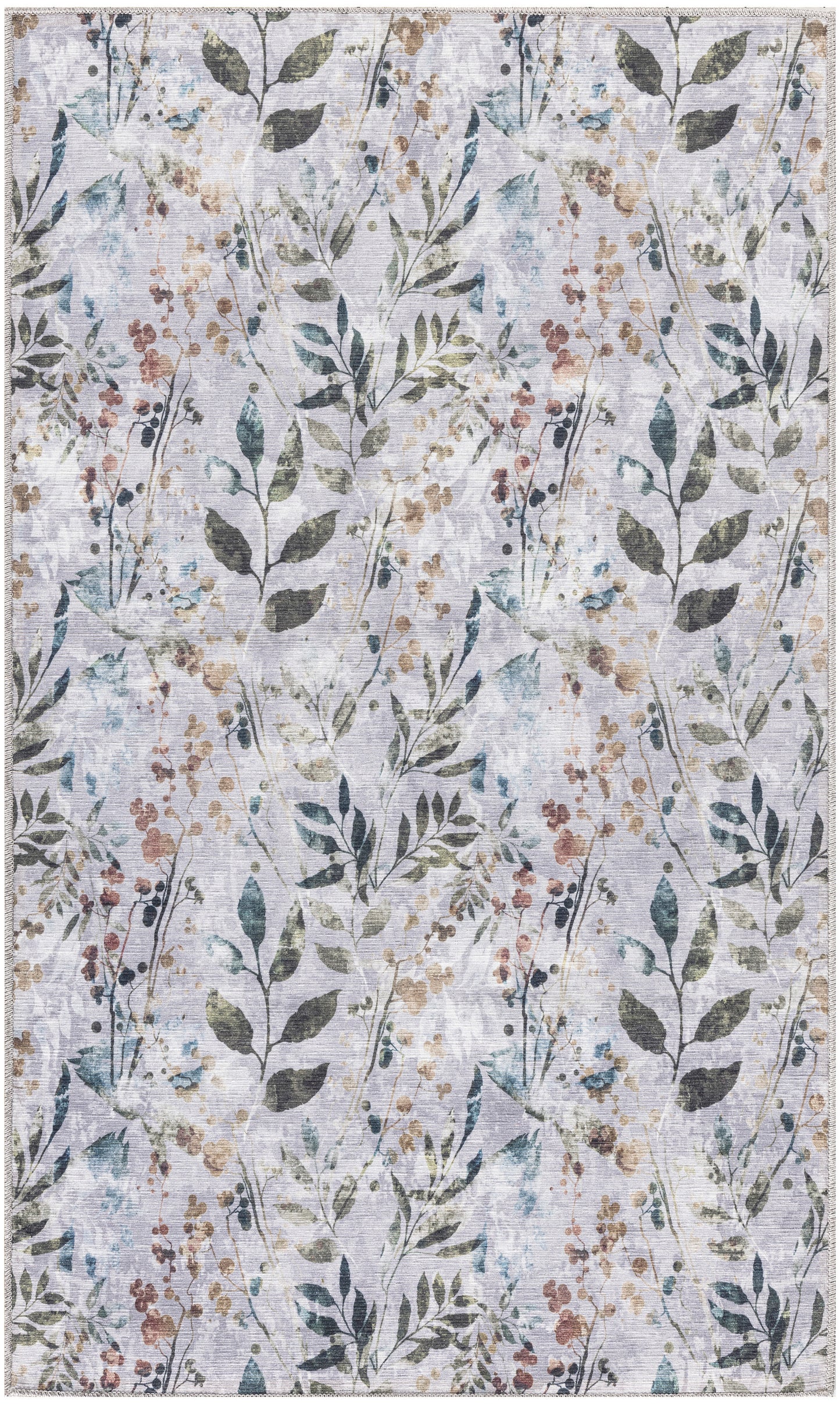 Soft lavender woven rug with watercolor botanical pattern, green leaves and pastel berry clusters.