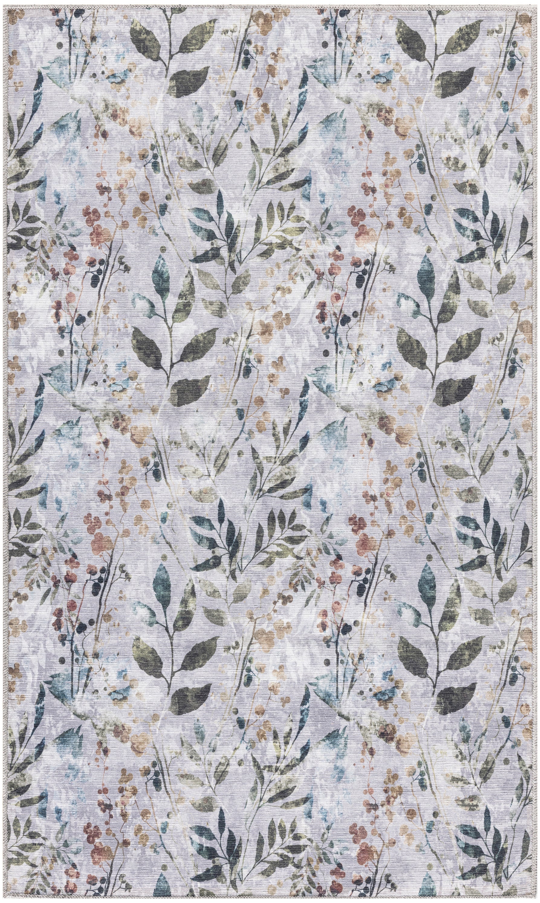 Soft lavender woven rug with watercolor botanical pattern, green leaves and pastel berry clusters.