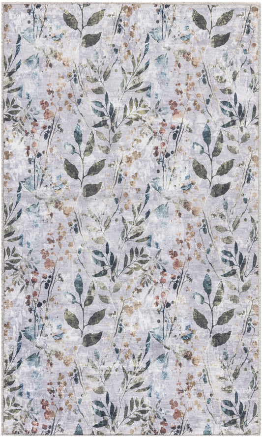 Soft lavender woven rug with watercolor botanical pattern, green leaves and pastel berry clusters.