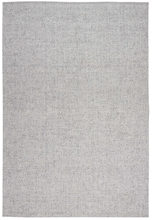 Light gray textured flatweave rug with speckled weave, rectangular area rug for living room or bedroom.