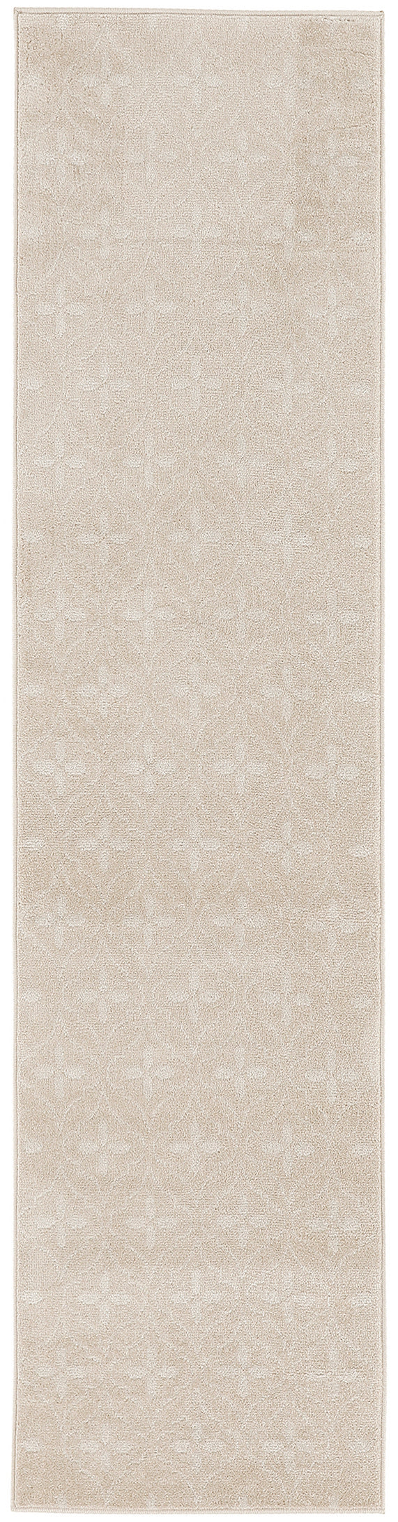 Beige rectangular runner rug with subtle embossed floral pattern and soft plush pile.