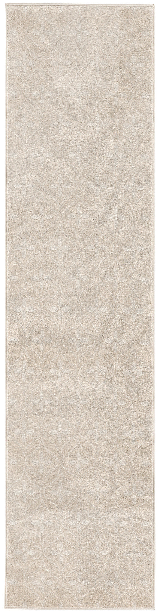 Beige rectangular runner rug with subtle embossed floral pattern and soft plush pile.