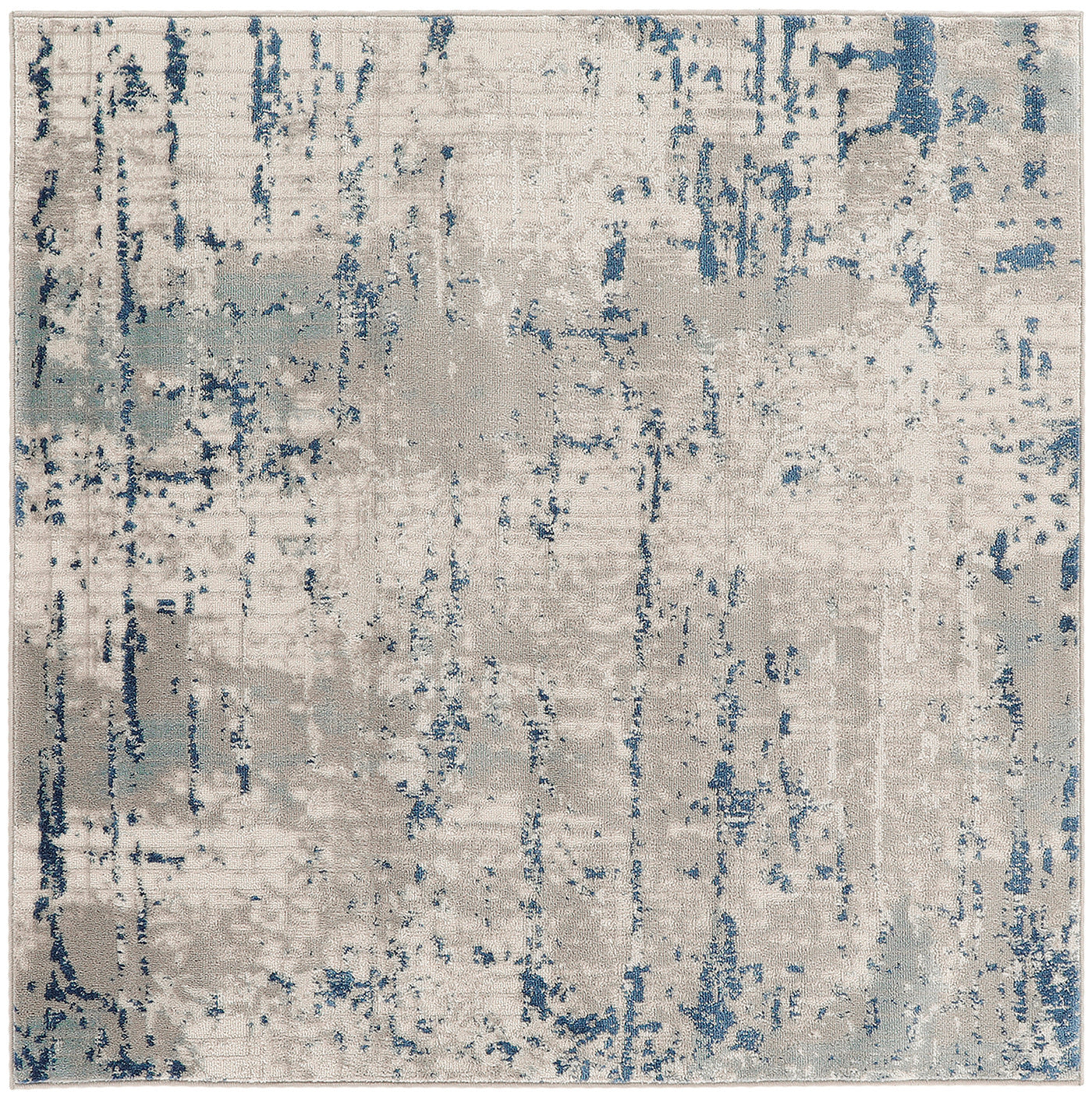 Rectangular modern abstract rug with beige/cream base and blue distressed brushstroke accents.
