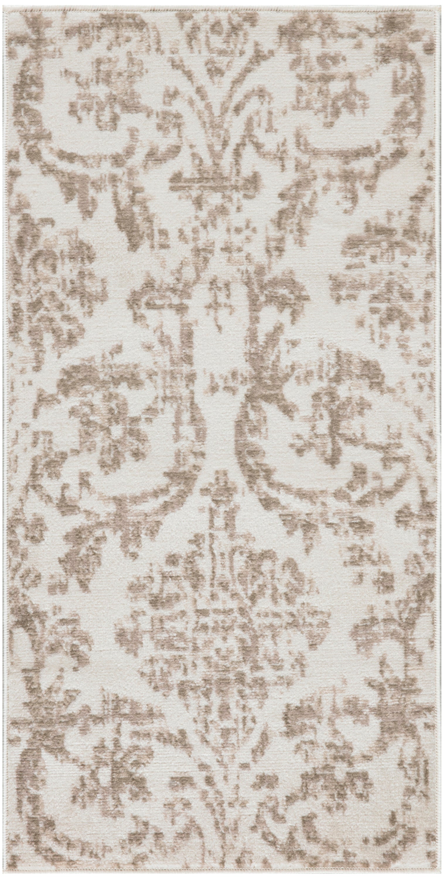 Beige rectangular rug with taupe damask floral pattern and textured woven look.