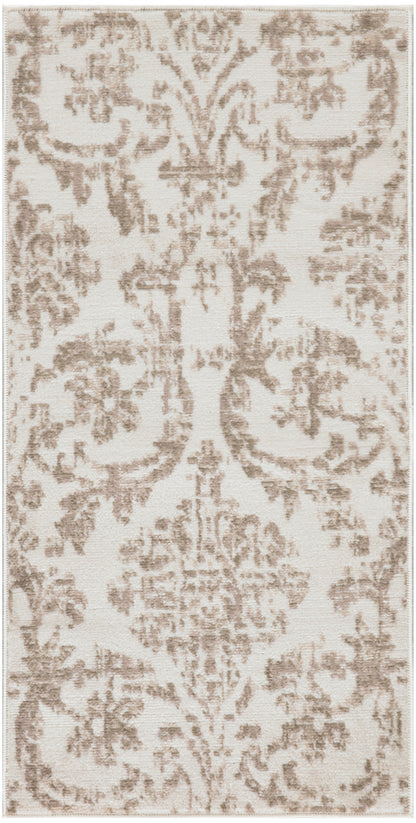 Beige rectangular rug with taupe damask floral pattern and textured woven look.