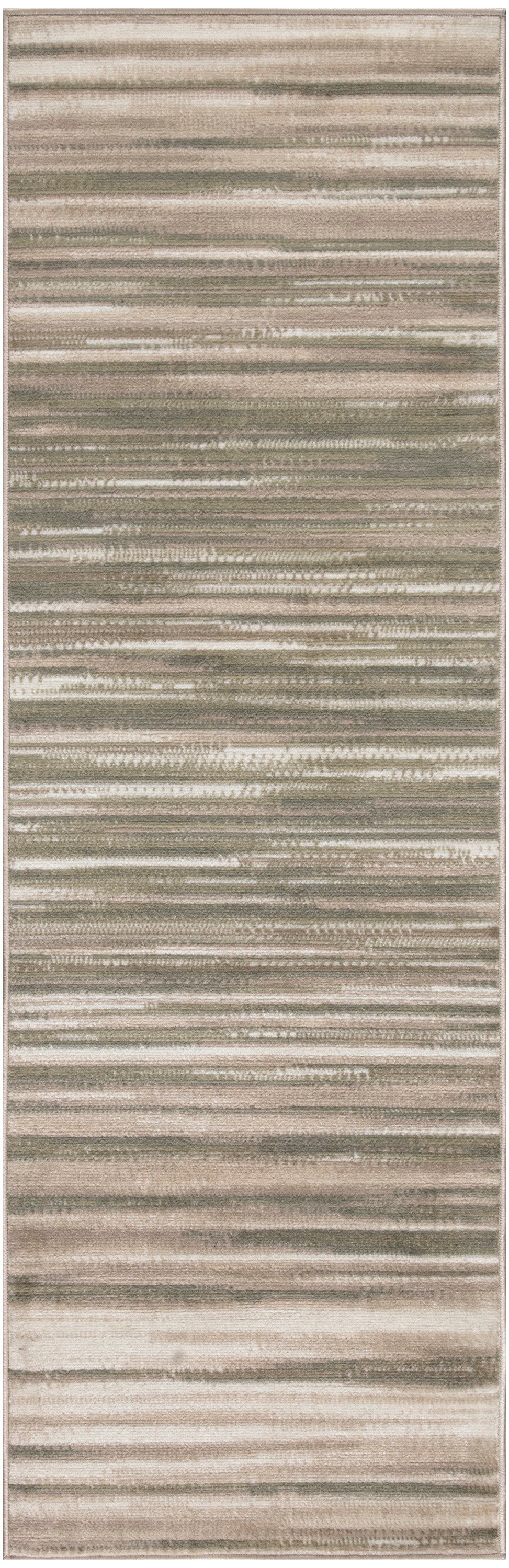 Neutral beige and taupe striped runner rug with subtle horizontal bands and soft pile.
