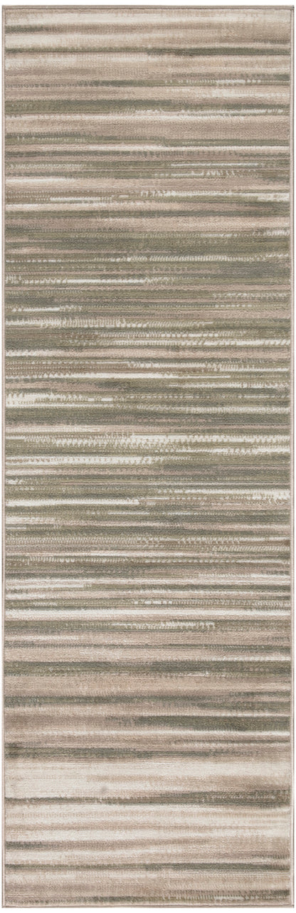 Neutral beige and taupe striped runner rug with subtle horizontal bands and soft pile.