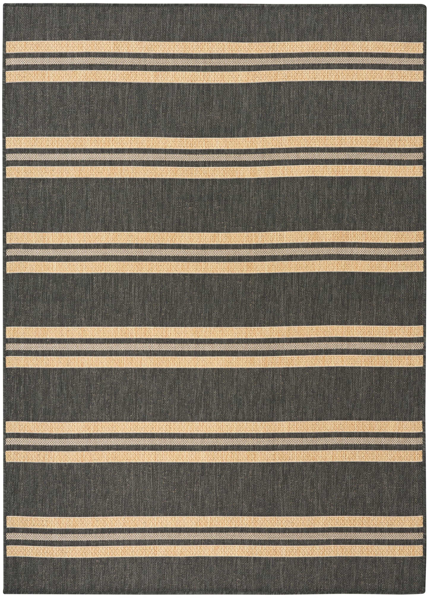 Dark gray woven rug with horizontal peach-beige stripes and narrow black accents for a modern minimalist look.