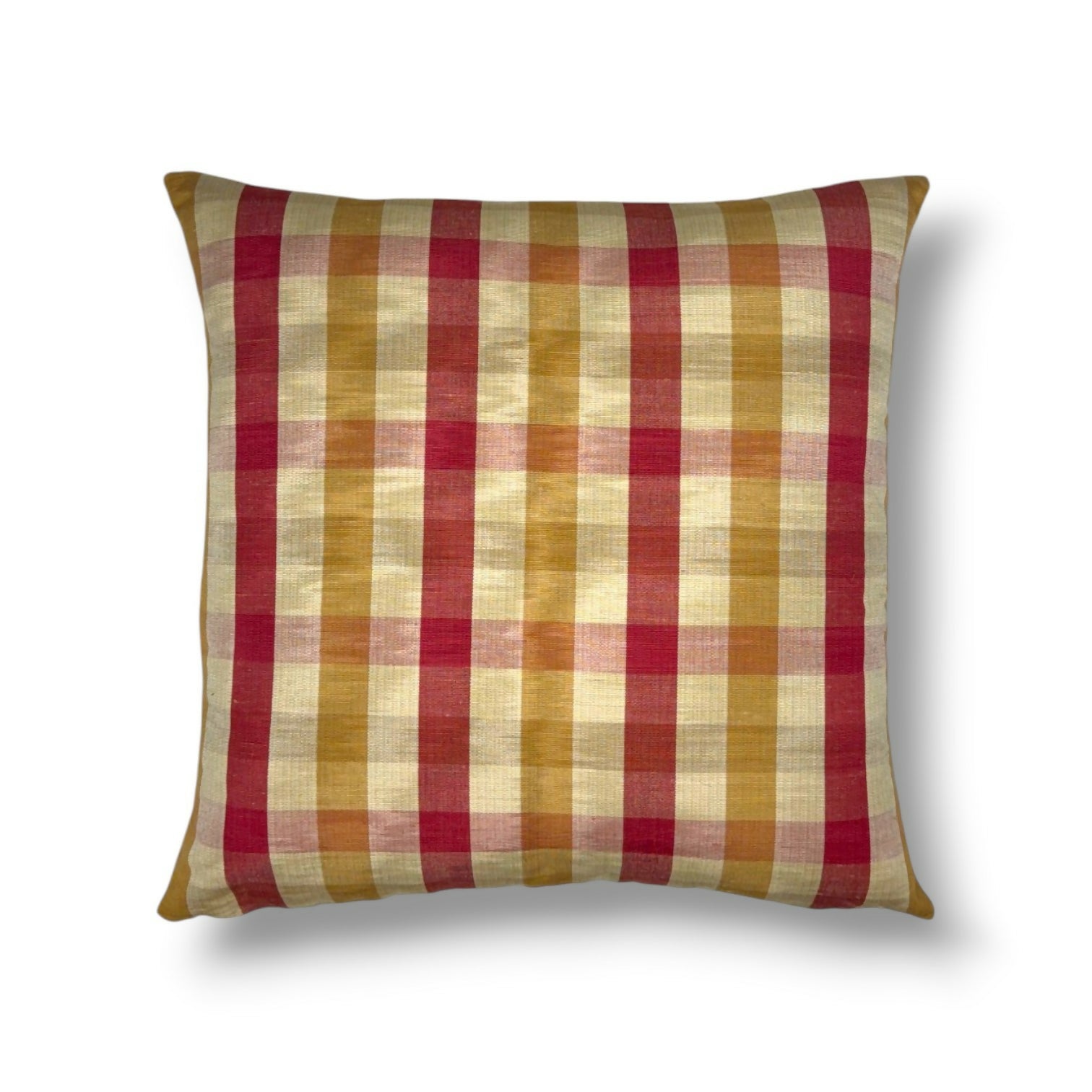 20" woven linen-blend pillow cover in tomato red, ochre, gold and tan with a check pattern.