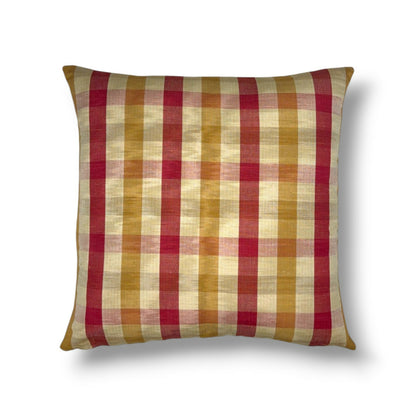 20" woven linen-blend pillow cover in tomato red, ochre, gold and tan with a check pattern.