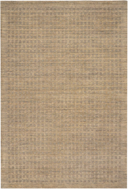 Rectangular beige area rug with subtle tan grid pattern and woven texture.