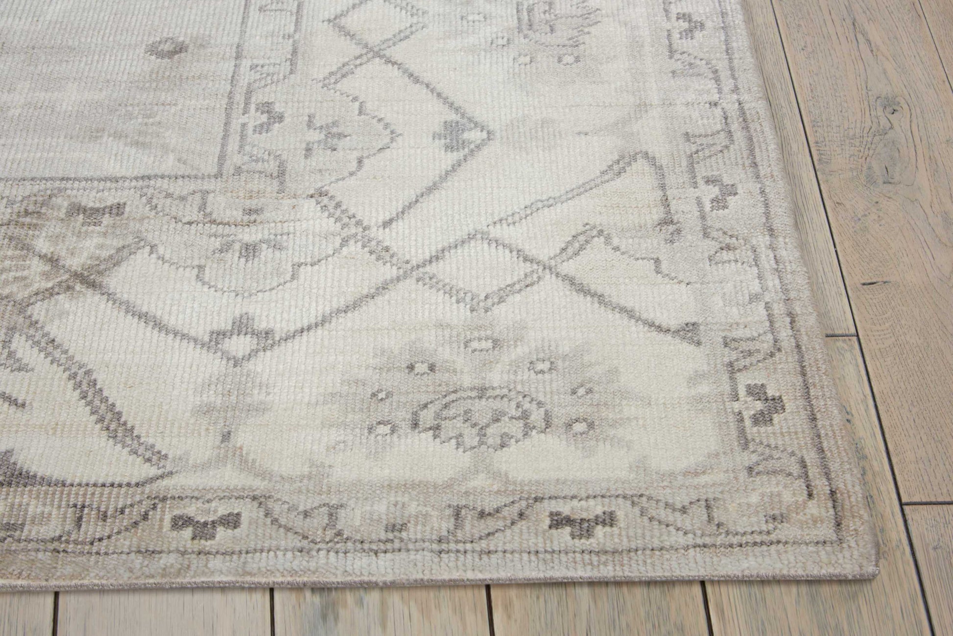 Beige-gray woven area rug with geometric border and subtle medallion motifs on light wood floor