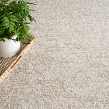 Beige textured rug (8' x 10') displayed with a white ceramic pot and green fern on a woven rattan tray.