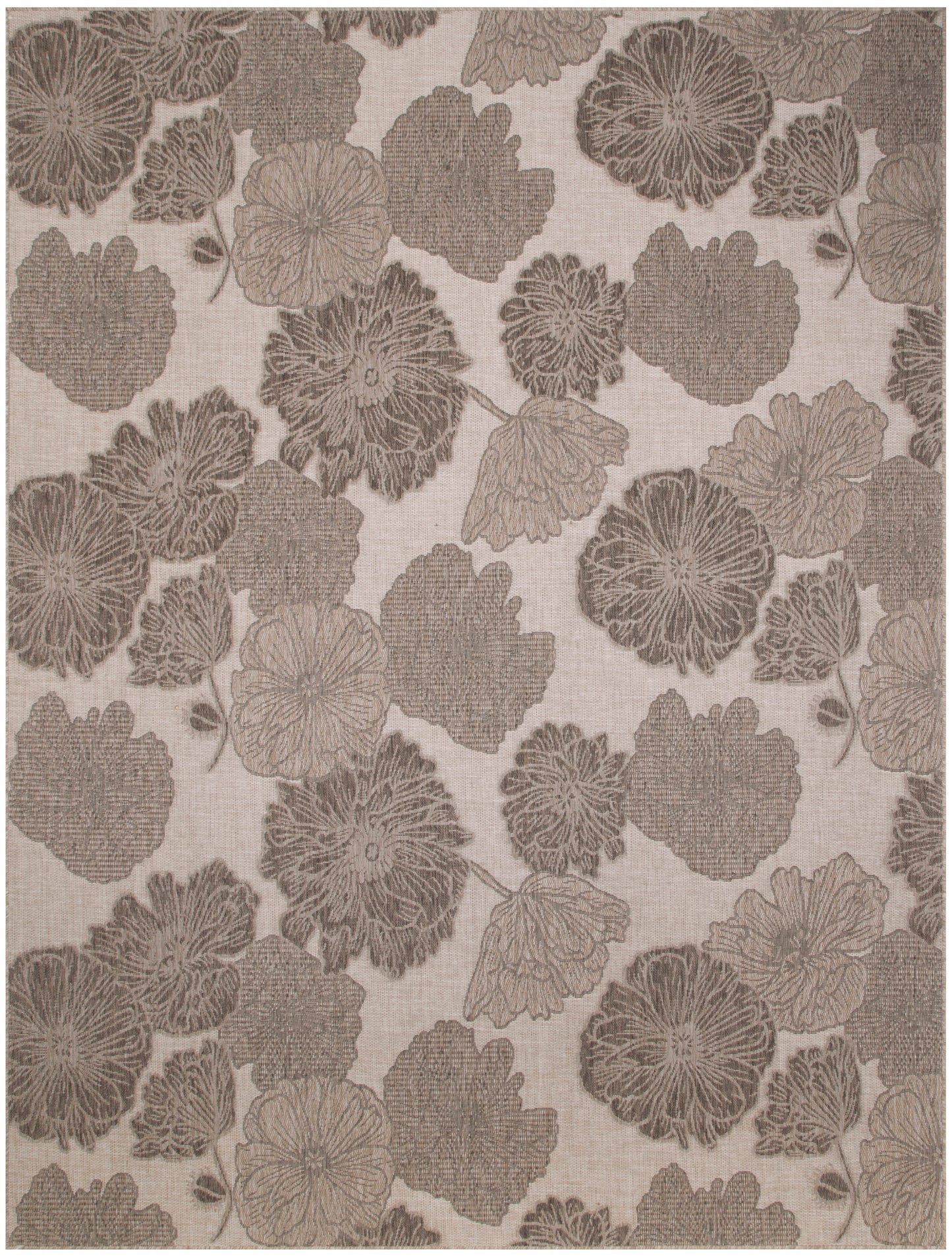 Beige damask fabric with large brown floral motifs and leafy vines in a repeating pattern.