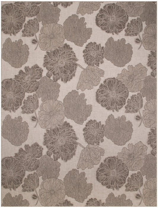Beige damask fabric with large brown floral motifs and leafy vines in a repeating pattern.