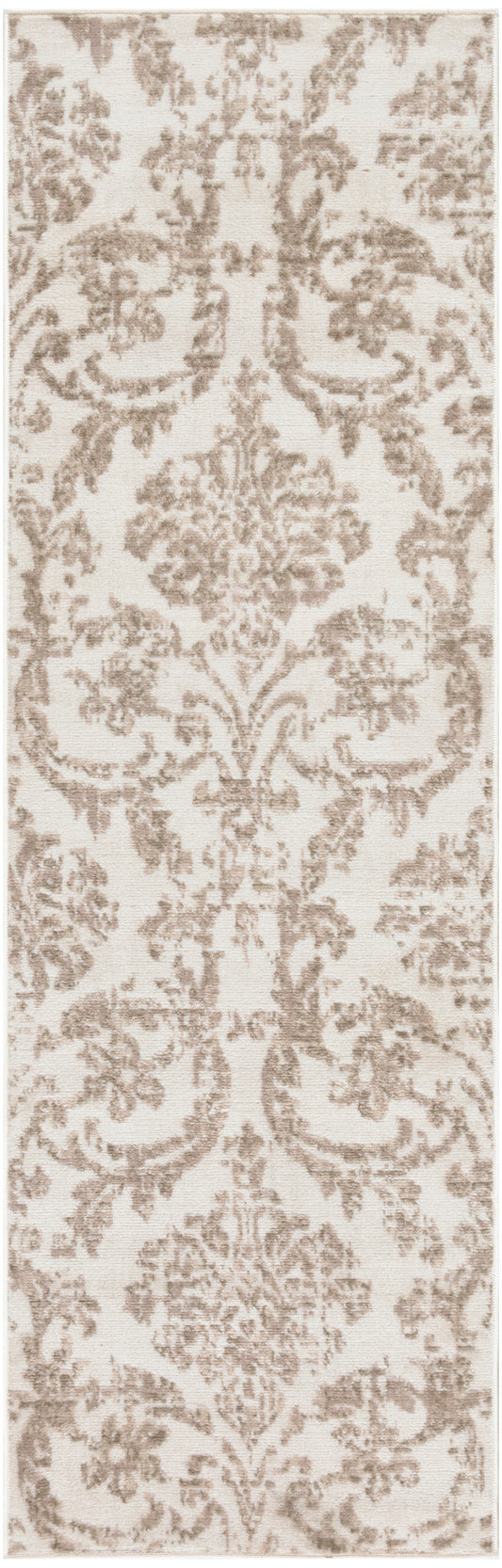 Beige runner rug with taupe damask pattern; rectangular, traditional style for hallways.