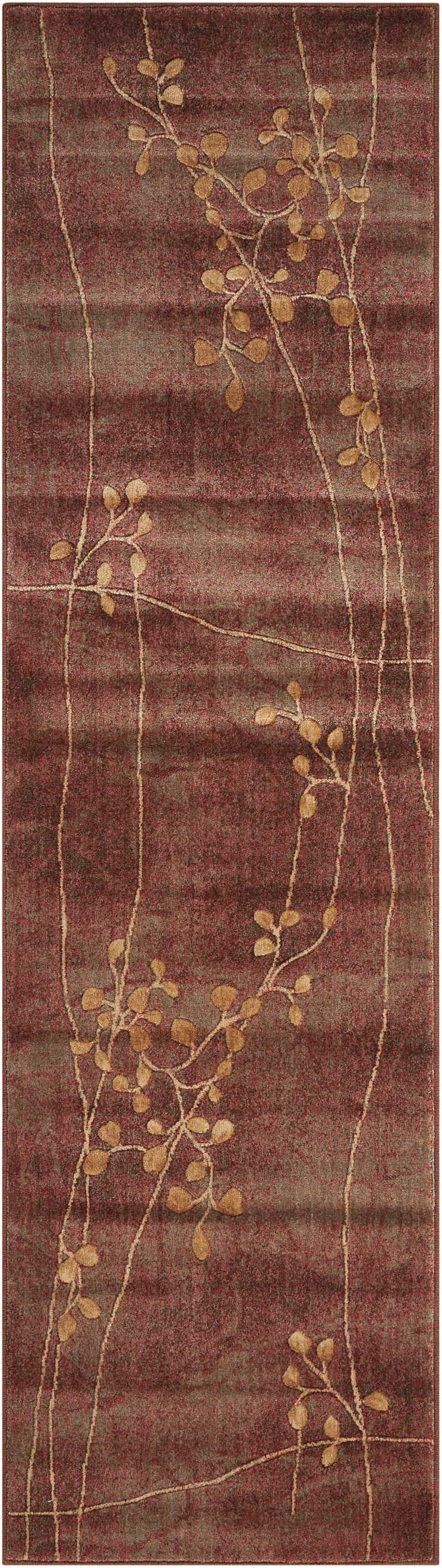 Burgundy rug runner with gold vine branches and beige leaves; modern botanical pattern for hallway or living room.