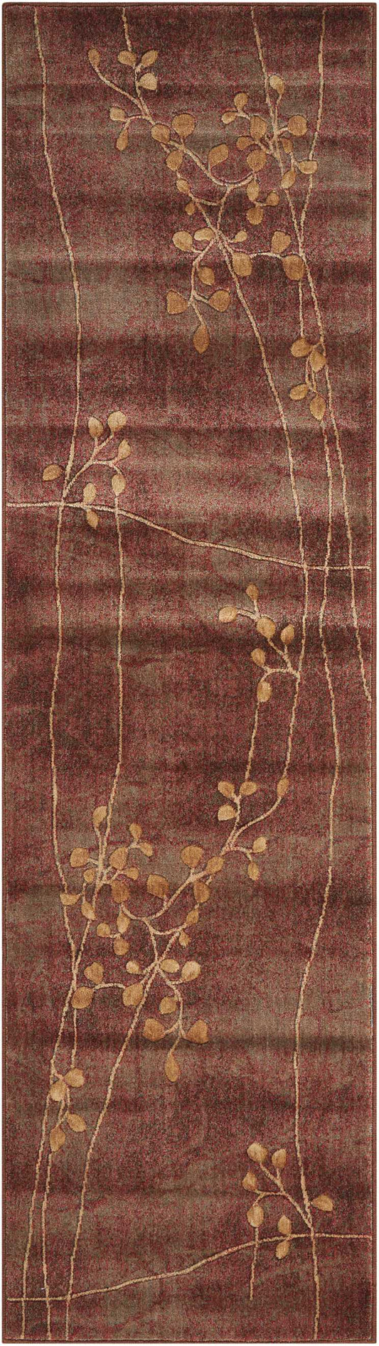 Burgundy rug runner with gold vine branches and beige leaves; modern botanical pattern for hallway or living room.