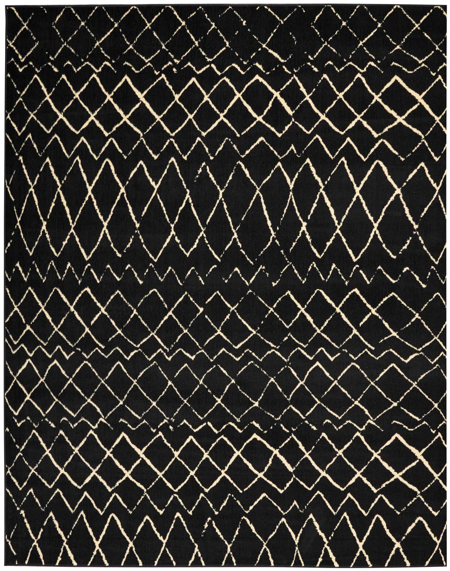 Rectangular black rug with cream geometric lattice pattern, boho-inspired decor for living room or bedroom.