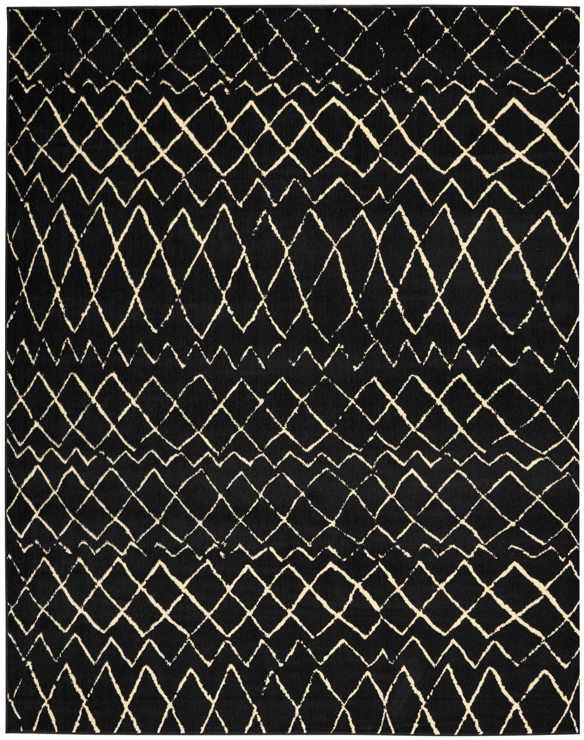 Rectangular black rug with cream geometric lattice pattern, boho-inspired decor for living room or bedroom.