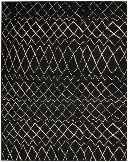 Rectangular black rug with cream geometric lattice pattern, boho-inspired decor for living room or bedroom.