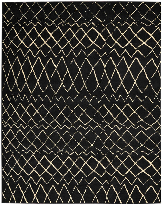 Rectangular black rug with cream geometric lattice pattern, boho-inspired decor for living room or bedroom.