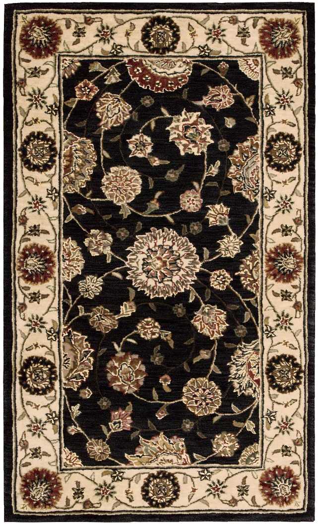 Rectangular Persian-style rug with black center, cream-beige floral vines, and ivory border with round medallions.