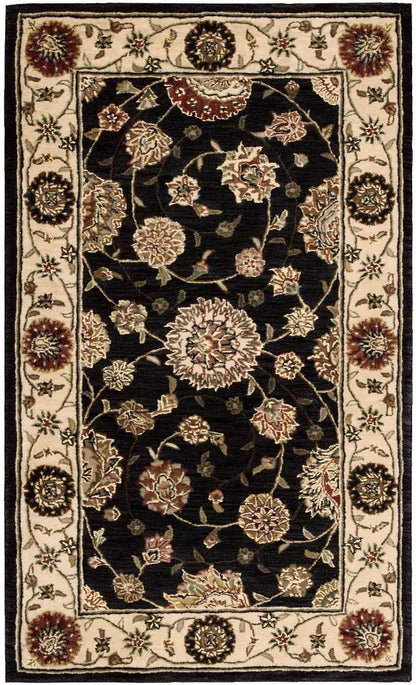 Rectangular Persian-style rug with black center, cream-beige floral vines, and ivory border with round medallions.