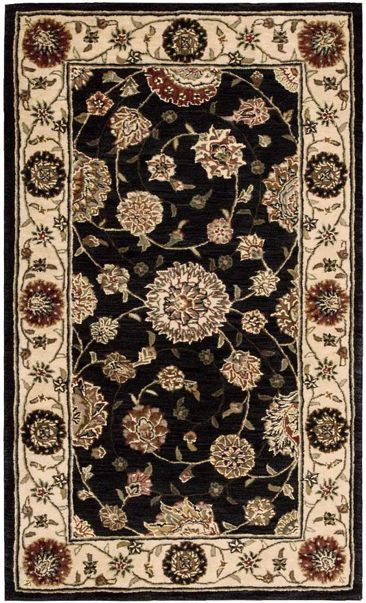 Rectangular Persian-style rug with black center, cream-beige floral vines, and ivory border with round medallions.