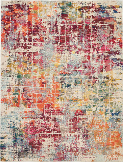 Abstract, distressed multicolor rug with patchy red, orange, pink, teal, and yellow on cream base; modern geometric style.