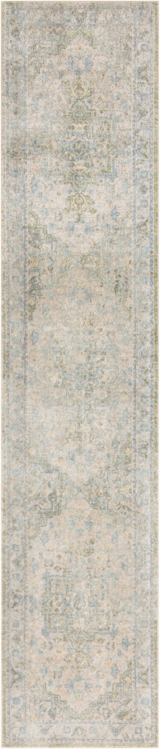Distressed antique-style Persian-inspired rug runner in pale blue, ivory and beige; long rectangular, soft woven texture.