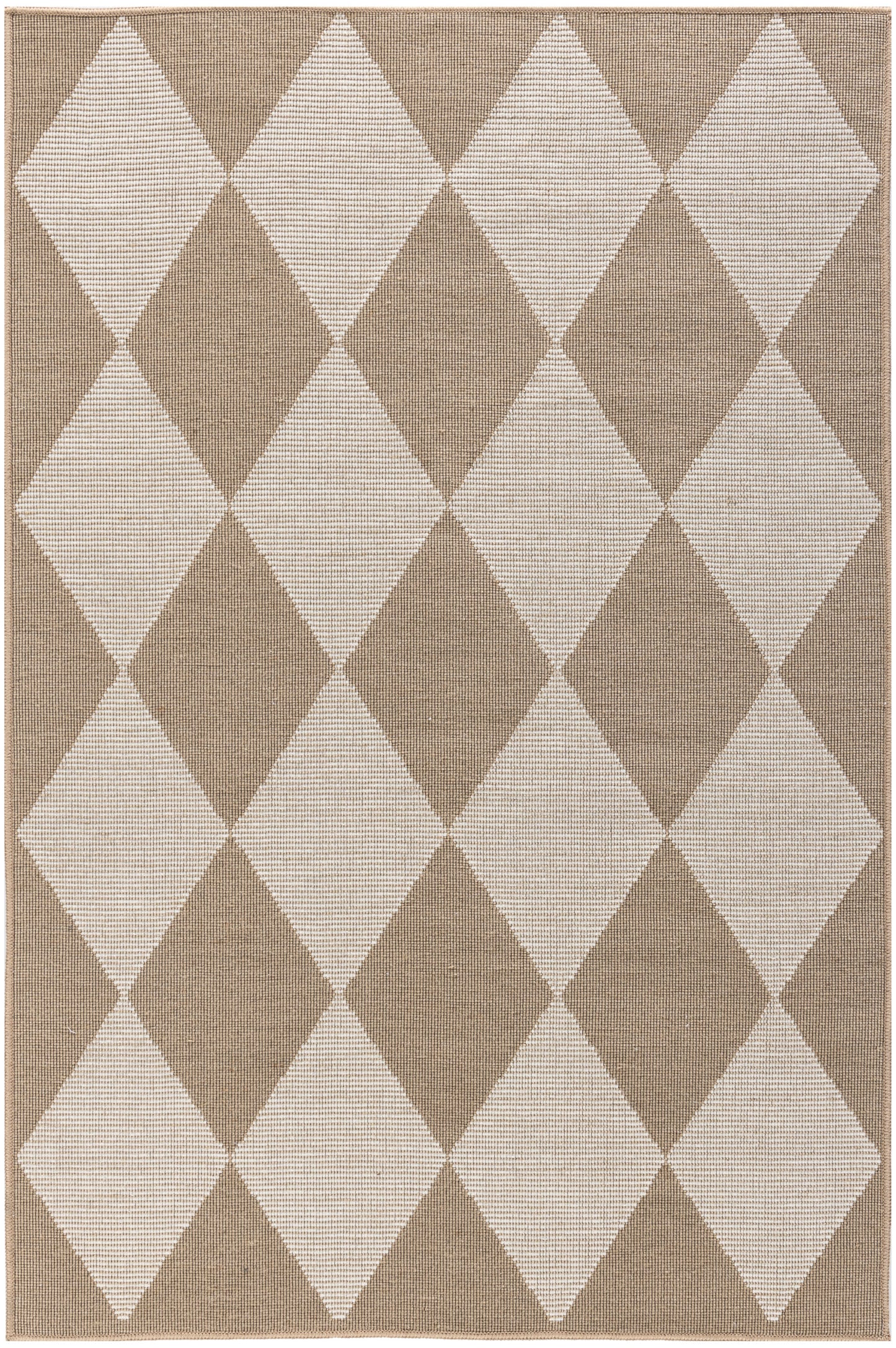 Taupe & ivory diamond argyle woven rug, textured rectangular area rug with geometric pattern.
