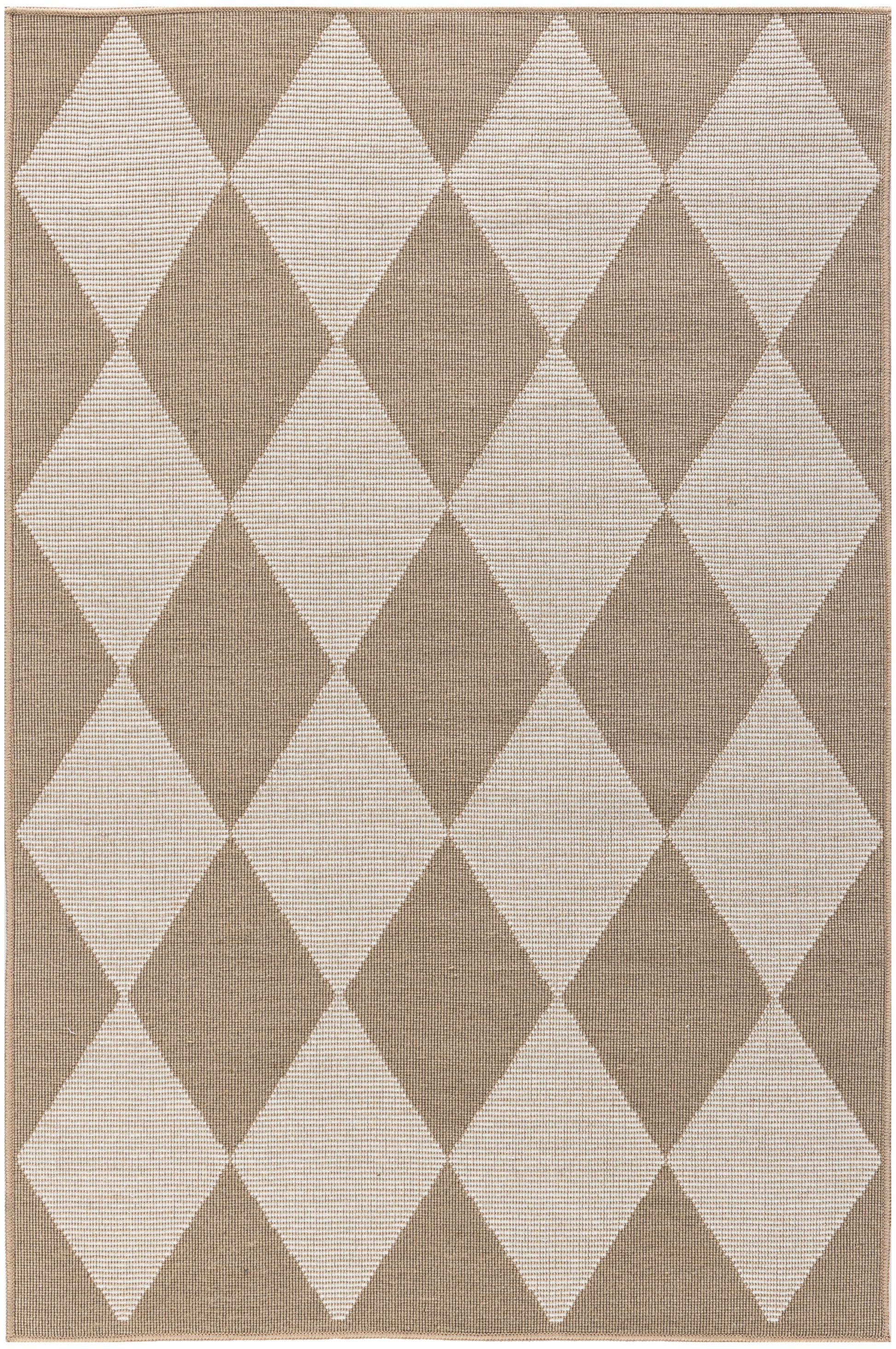 Taupe & ivory diamond argyle woven rug, textured rectangular area rug with geometric pattern.
