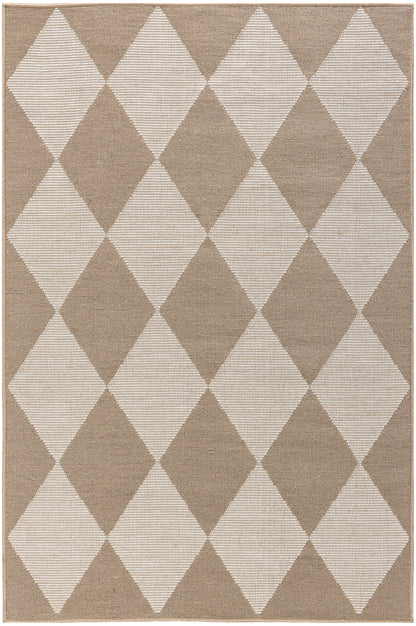 Taupe & ivory diamond argyle woven rug, textured rectangular area rug with geometric pattern.