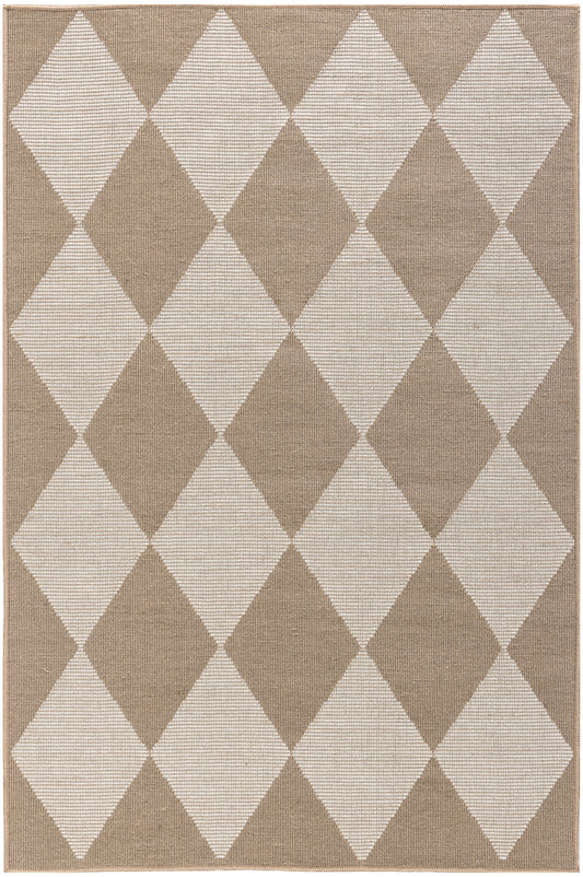 Taupe & ivory diamond argyle woven rug, textured rectangular area rug with geometric pattern.