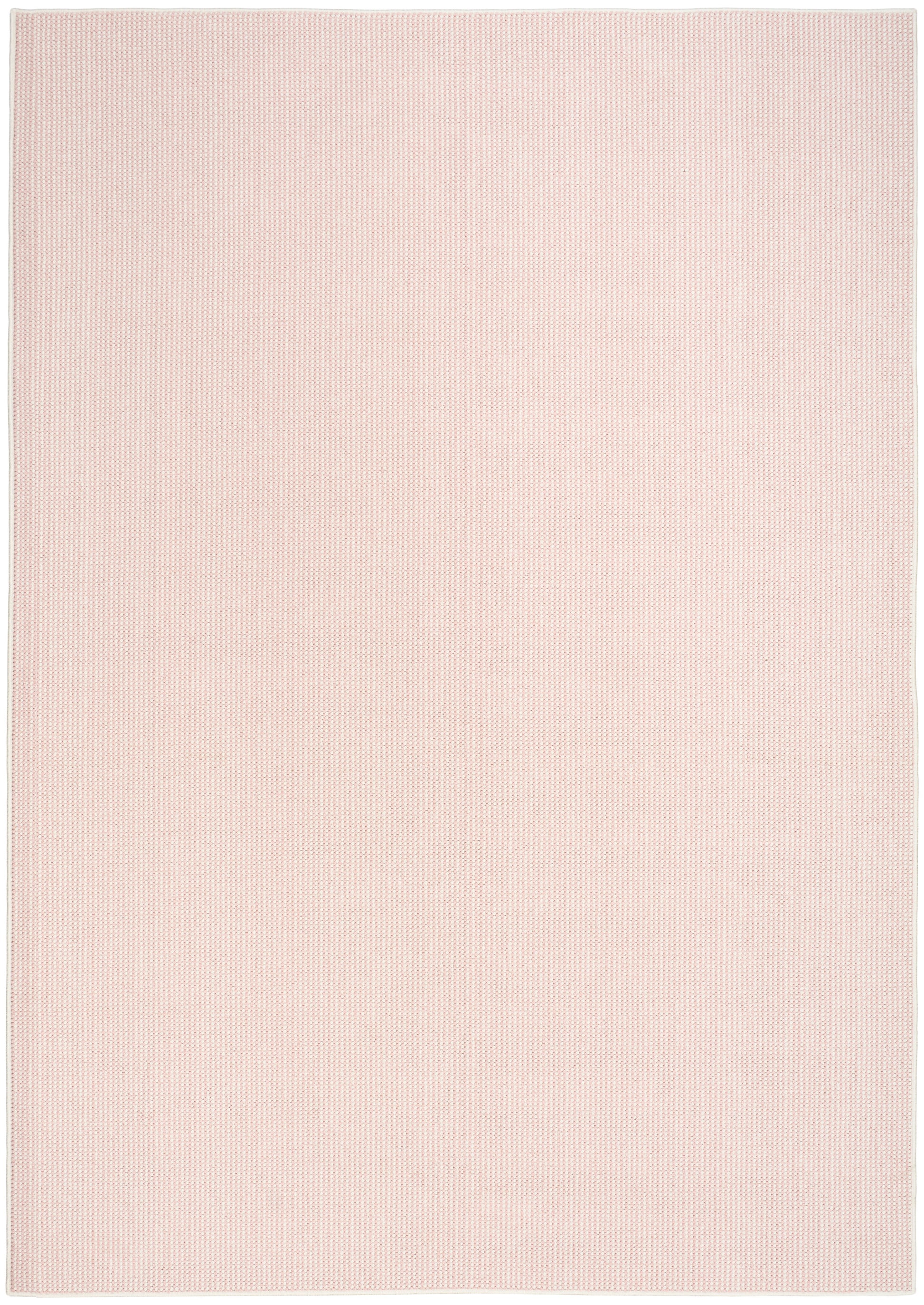 Soft pink rectangular rug with delicate grid-like weave, ideal for living room decor.