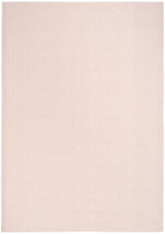 Soft pink rectangular rug with delicate grid-like weave, ideal for living room decor.