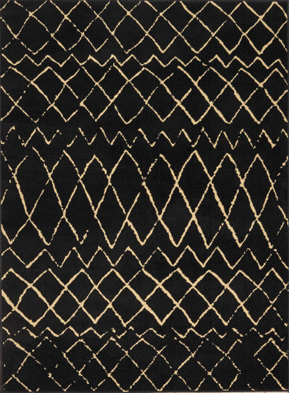 Black rug with cream diamond lattice pattern; geometric, woven boho style decorative floor covering.