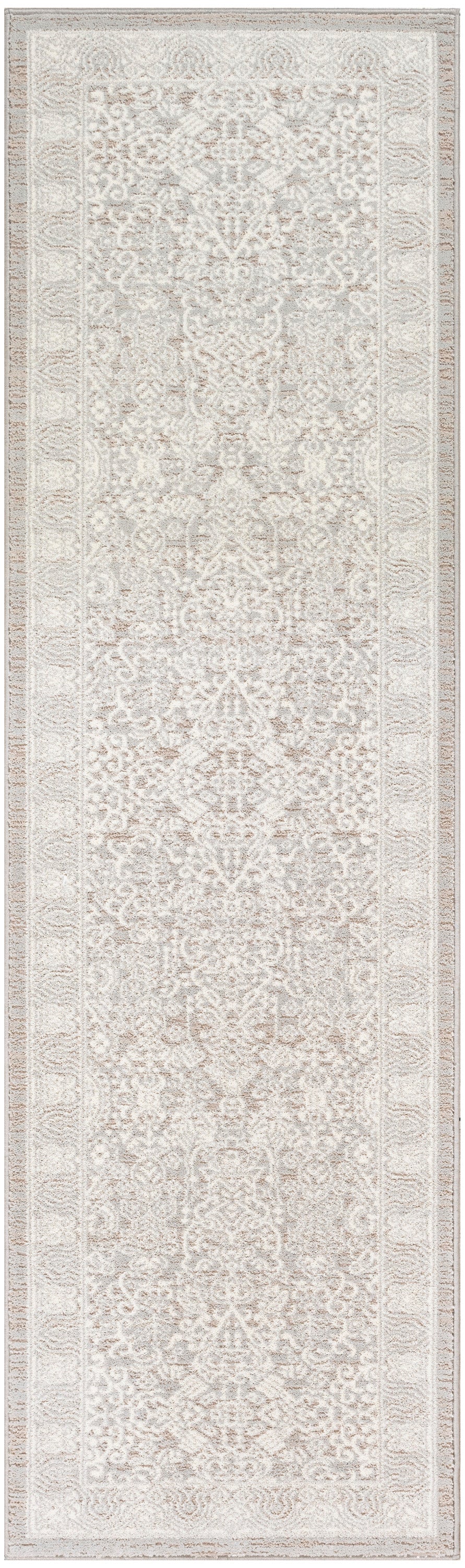 Cream-beige oriental runner rug with delicate vintage floral motifs & pale border; ideal for hallways.