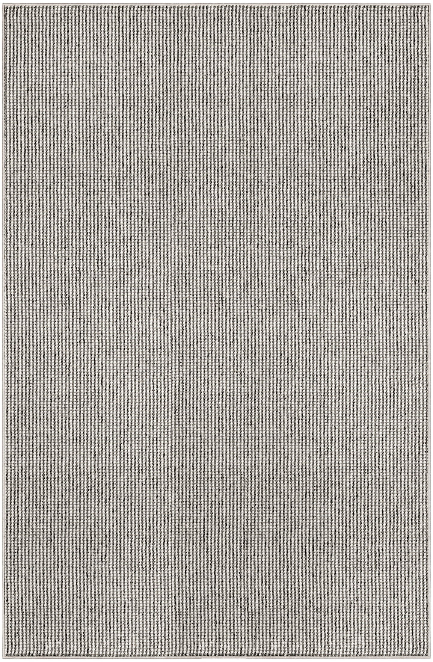 Grey woven area rug with subtle vertical stripe texture; rectangular, modern neutral decor for living room.